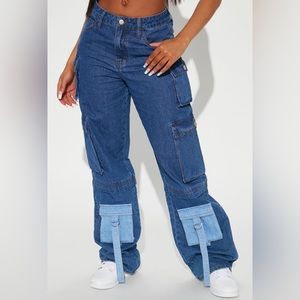 Fashion Nova baggy cargo dark wash jeans size 13